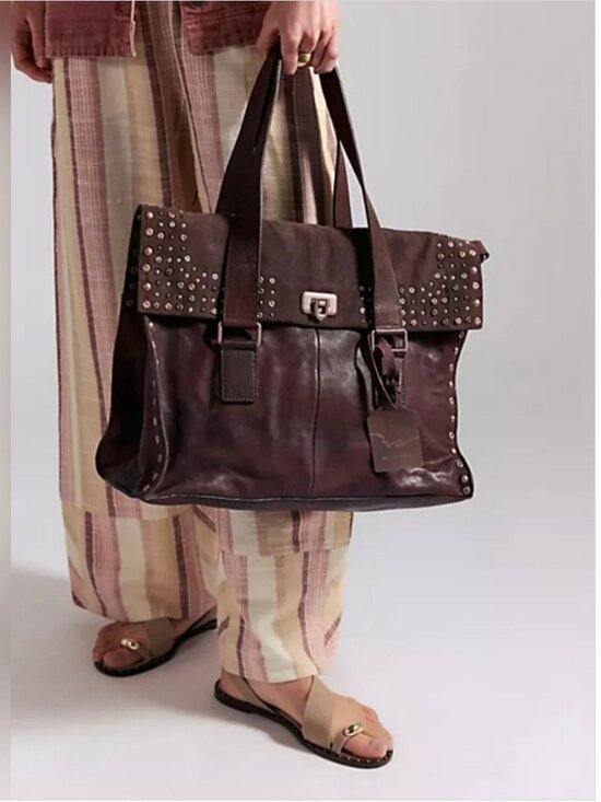 Free People Handbags - Free People Brown Distressed Leather Studded Satchel Crossbody Bag Boho Shoulder